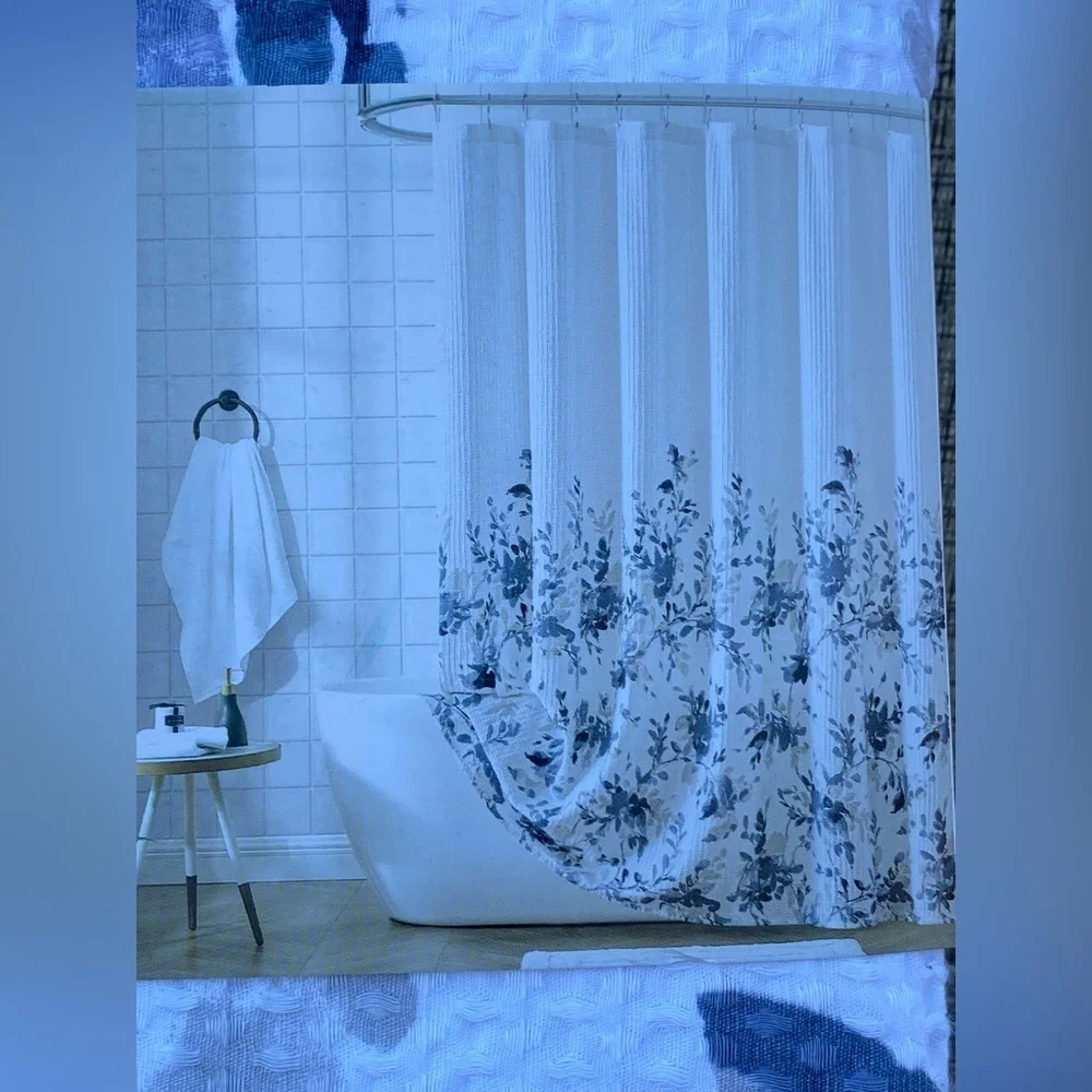 DKNY Floral Silhouette Waffle White Blue Cotton Fabric Shower Curtain 72